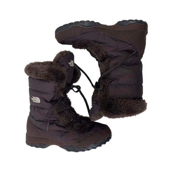 The North Face US 8.5 Brown Goose Down Quilted Fur Lined Lace Up Winter Boots - Picture 1 of 9